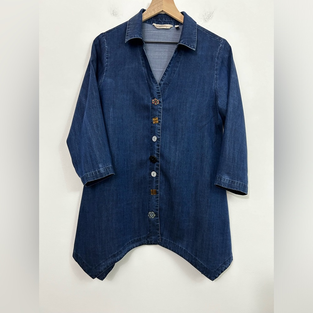 Soft Surroundings Tunic Top Size S Asymmetrical Tencel Chambray Blue
